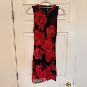 Free Press Red Rose Print Ruched Bodycon Dress Size S
